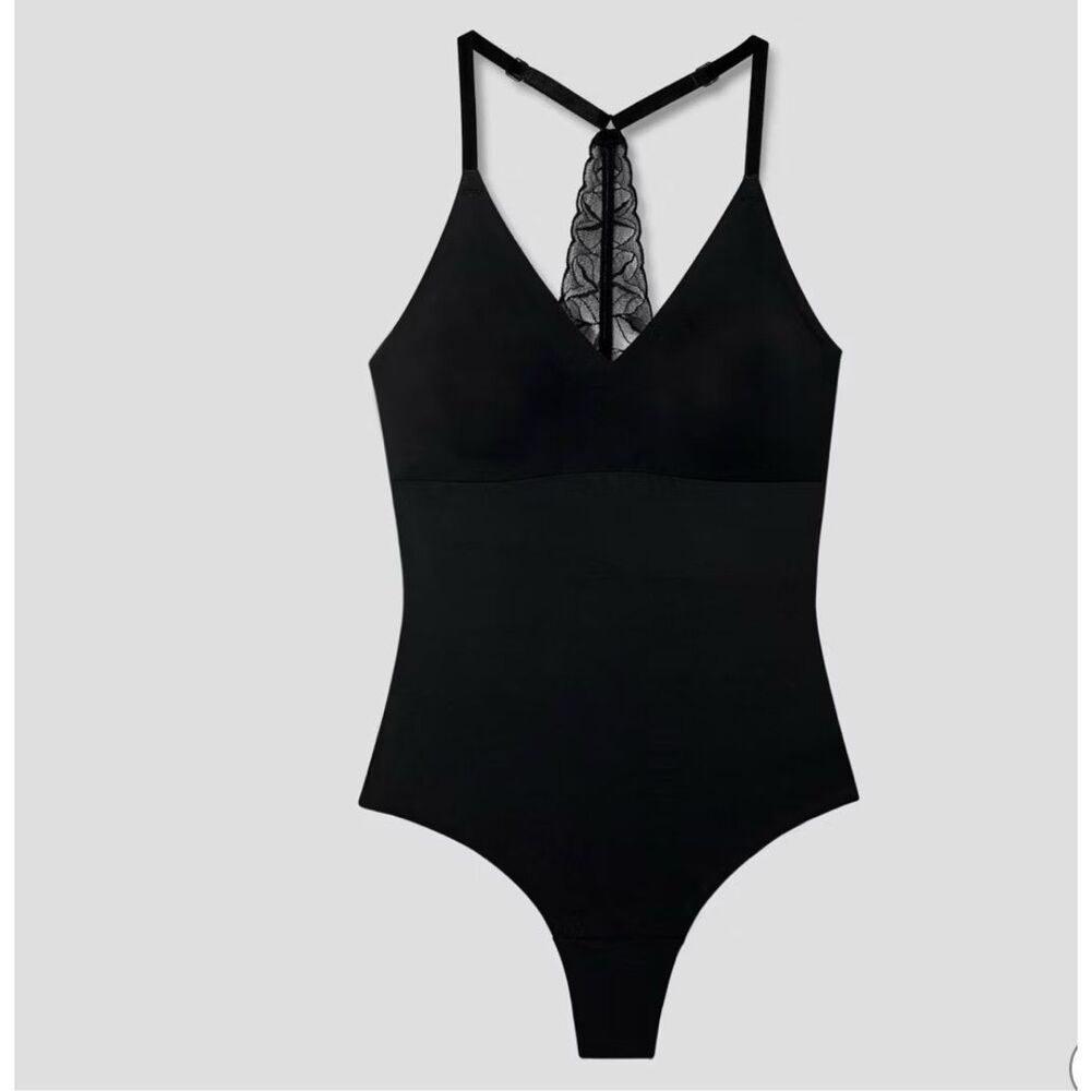 True & Co. Women's V-Neck Bra Lace Racerback Bodysuit black XL NEW